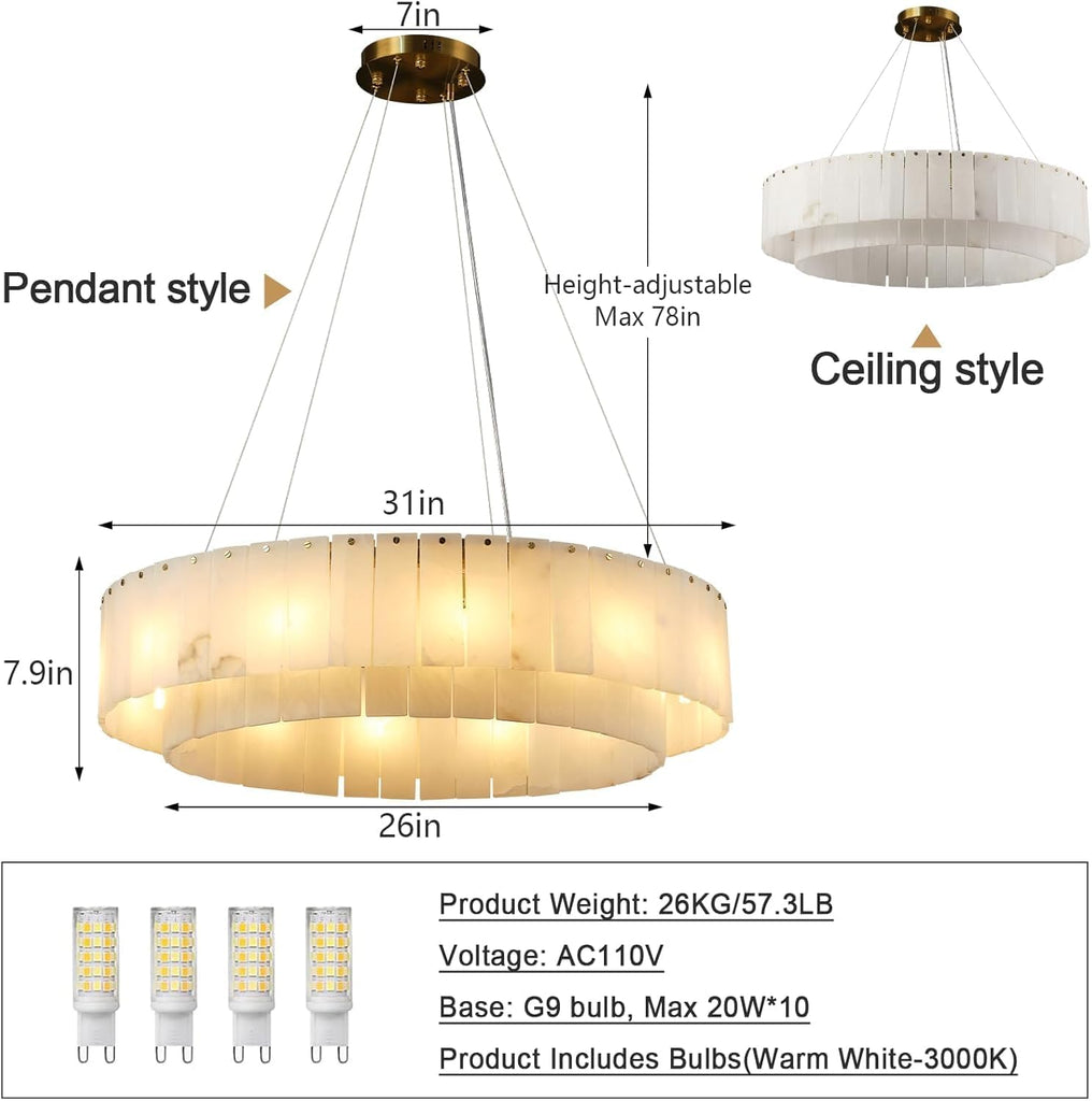 Alabaster Round Chandelier, D31in Modern Marble Dining Room Chandelier, 2 Tiers Brass Drum Pendant Light Fixtures, Gold Ceiling Light Chandeliers for Living Room, Bedroom Lights, Foyer, Kitchen