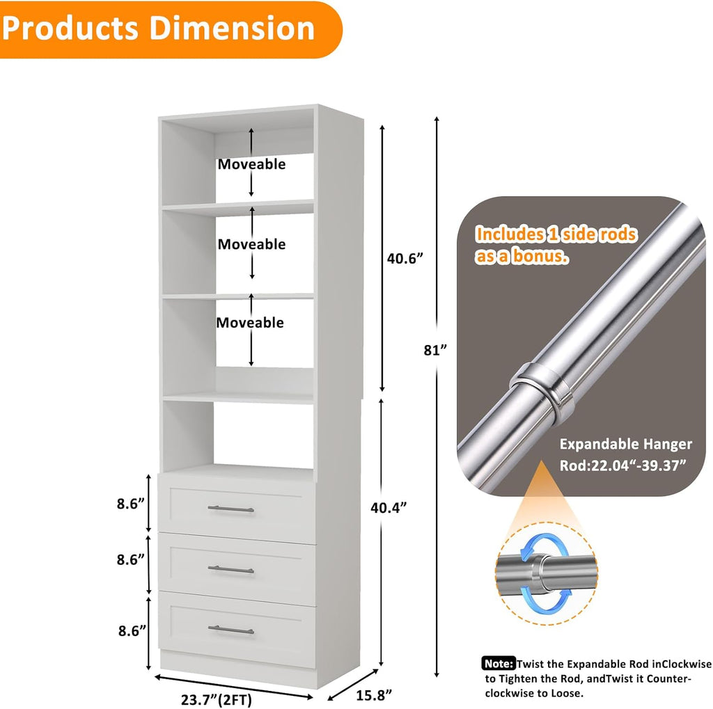 Closet System with 3 Drawers and Shelves, 81" Wood Closet Organizer System, 2FT Modular Closet System for Walk in