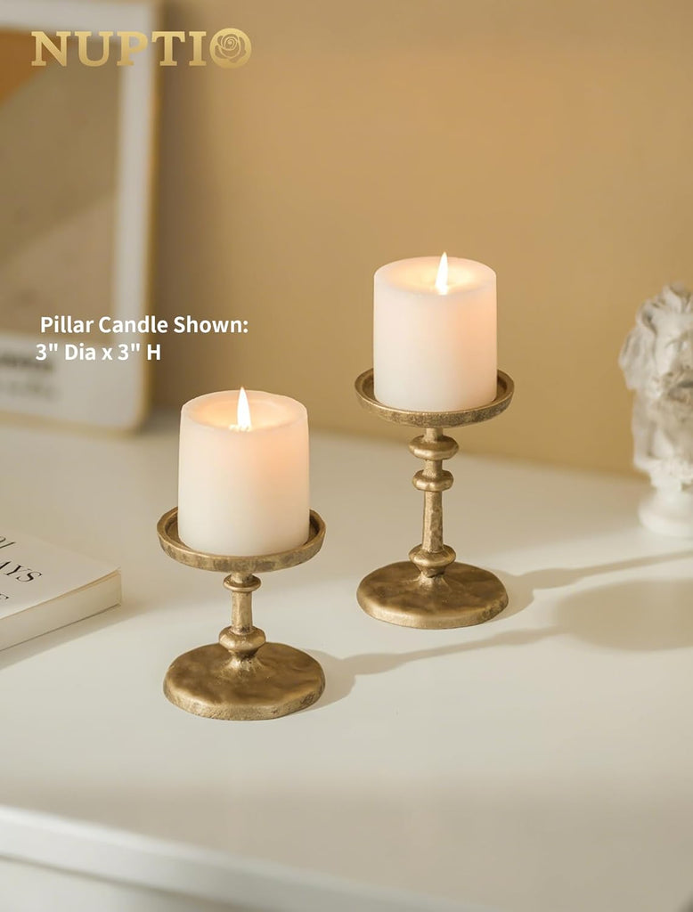 Gold Candle Holders for Pillar: Antique Brass Cast Iron Candle Stand | Handcrafted Hammered Decor for 3 Inch Pillars