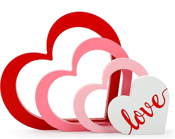 Wooden Hearts Valentine's Day Decorations Indoor, Wood Heart Blocks Tiered Tray Decor, Red Pink White - Set of 4