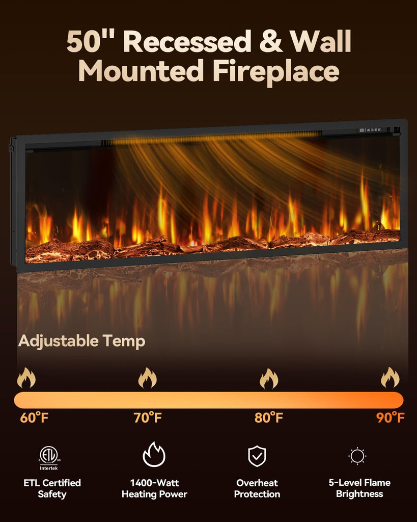 Electric Fireplace 50 Inch Recessed Wall Mounted Ultra-Thin Linear