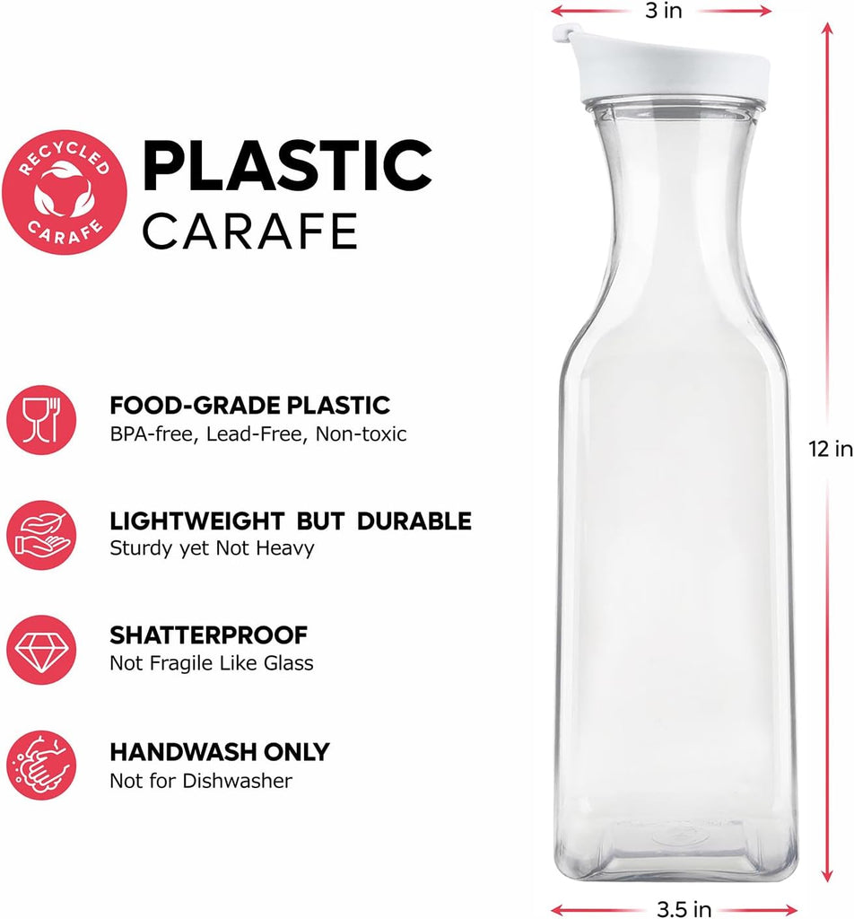 [50 oz - 2 Pack] Plastic Carafe with Lid, Large Capacity Square Base - Clear Pitcher with Flip Top Lid, Easy-Pour