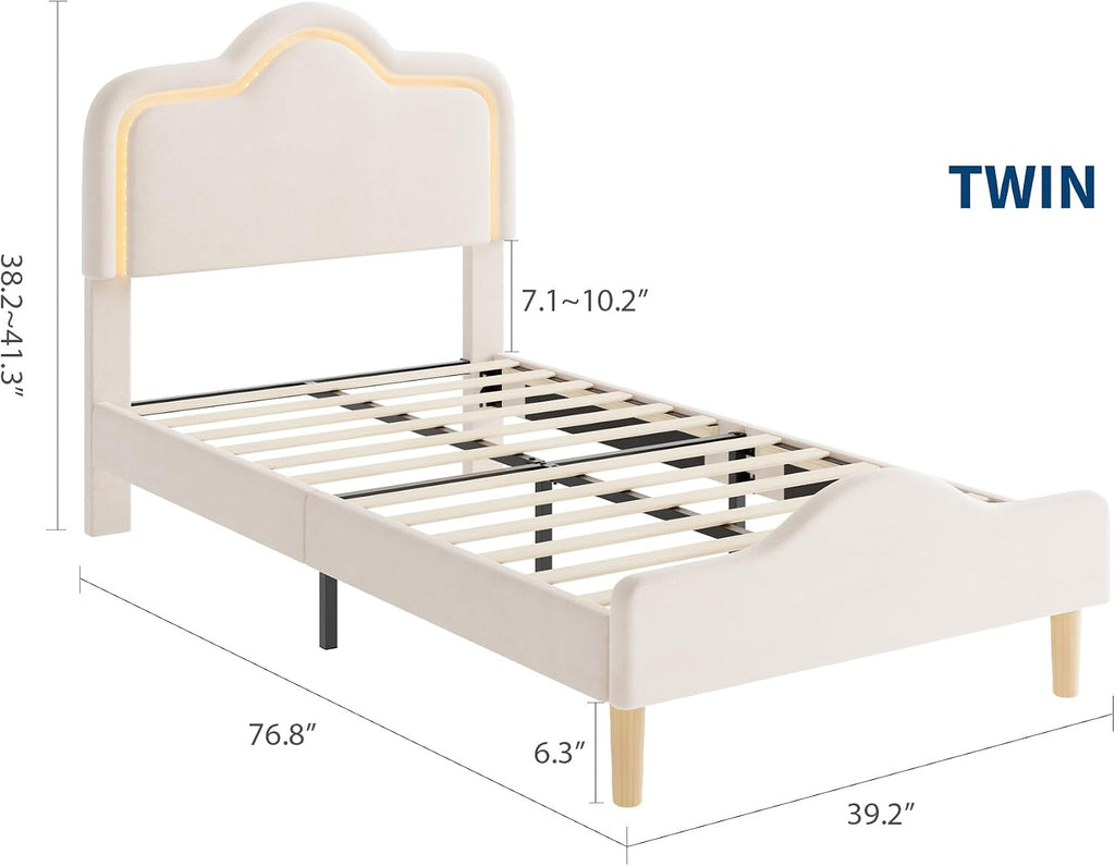 Twin Size Upholstered LED Bed Frame with Adjustable Headboard and Footboard, Velvet Princess Platform Bedframe for