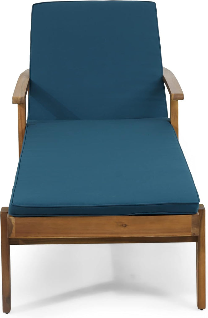 Outdoor Chaise Lounge with Water Resistant Cushion - Acacia Wood - Teak/Blue (Set of 2)