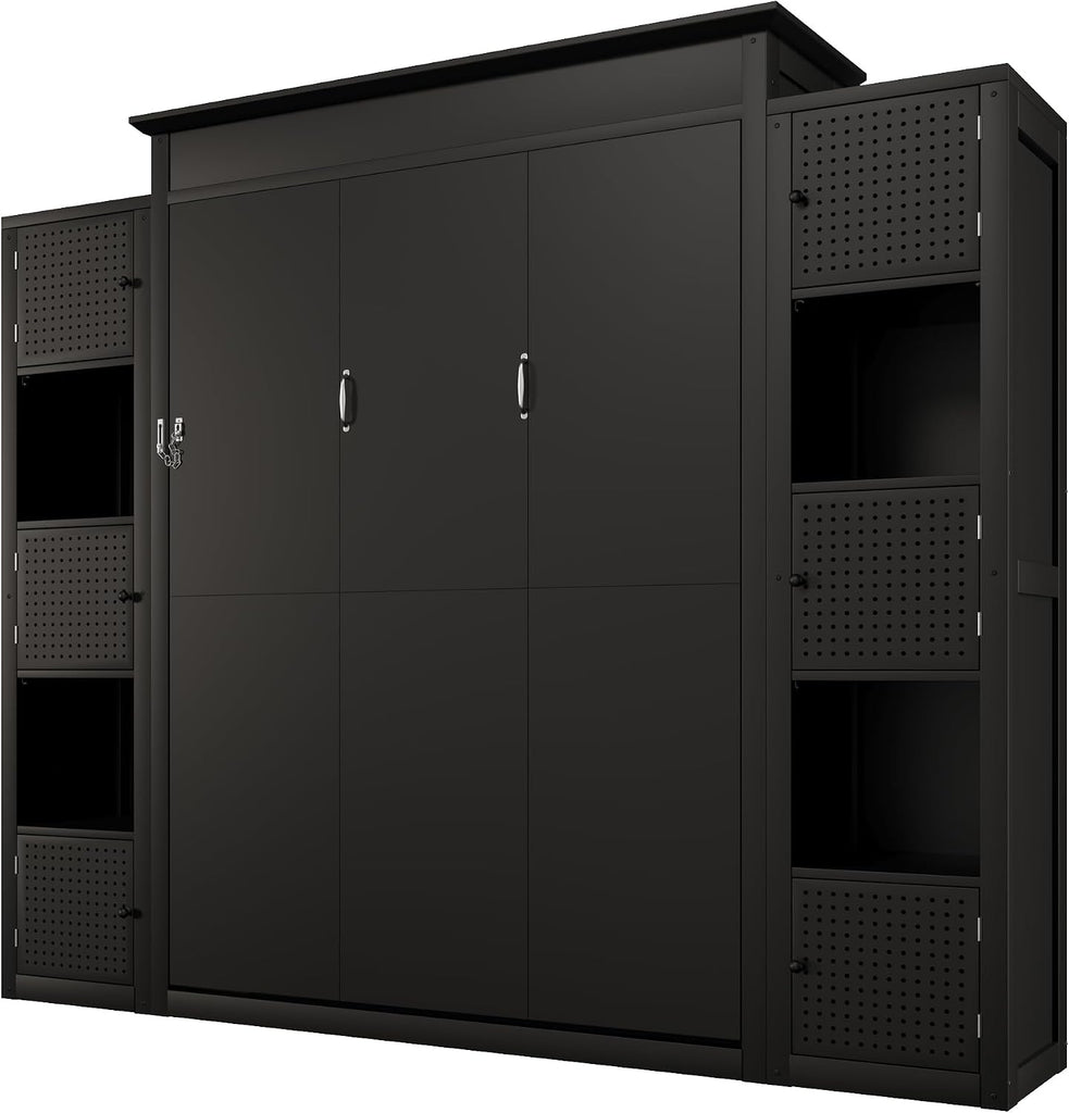 Queen Murphy Bed with Storage Shelf, Space Saving Hidden Wall Bed Cabinet with LED Lights, Foldable Murphy Beds with