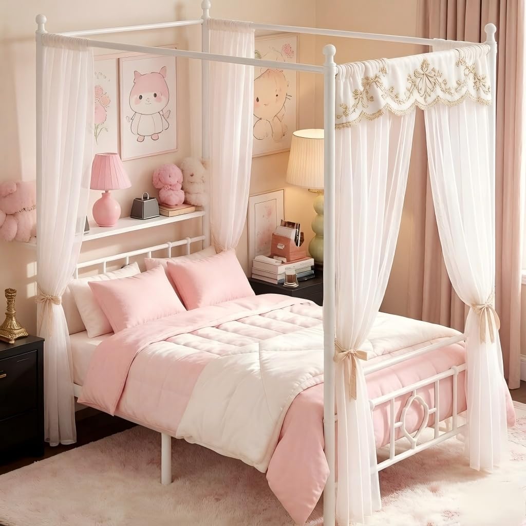 Twin Canopy Bed Frame with Storage Headboard,Noise-Free,White | 4 removable posts for dual-purpose style,Sturdy metal