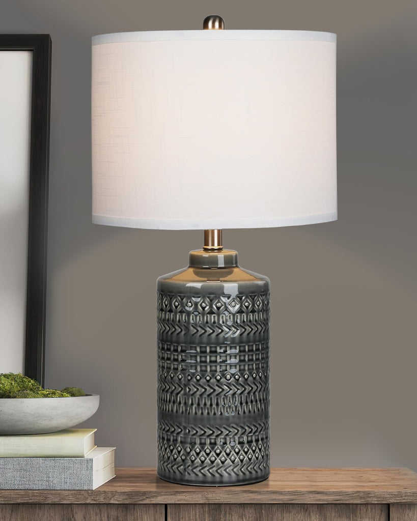 Modern Ceramic Table Lamp, 24.5" Living Room Lamps 3-Way Dimmable Gray Nightstand Lamp with White Shade|Tall Bedside