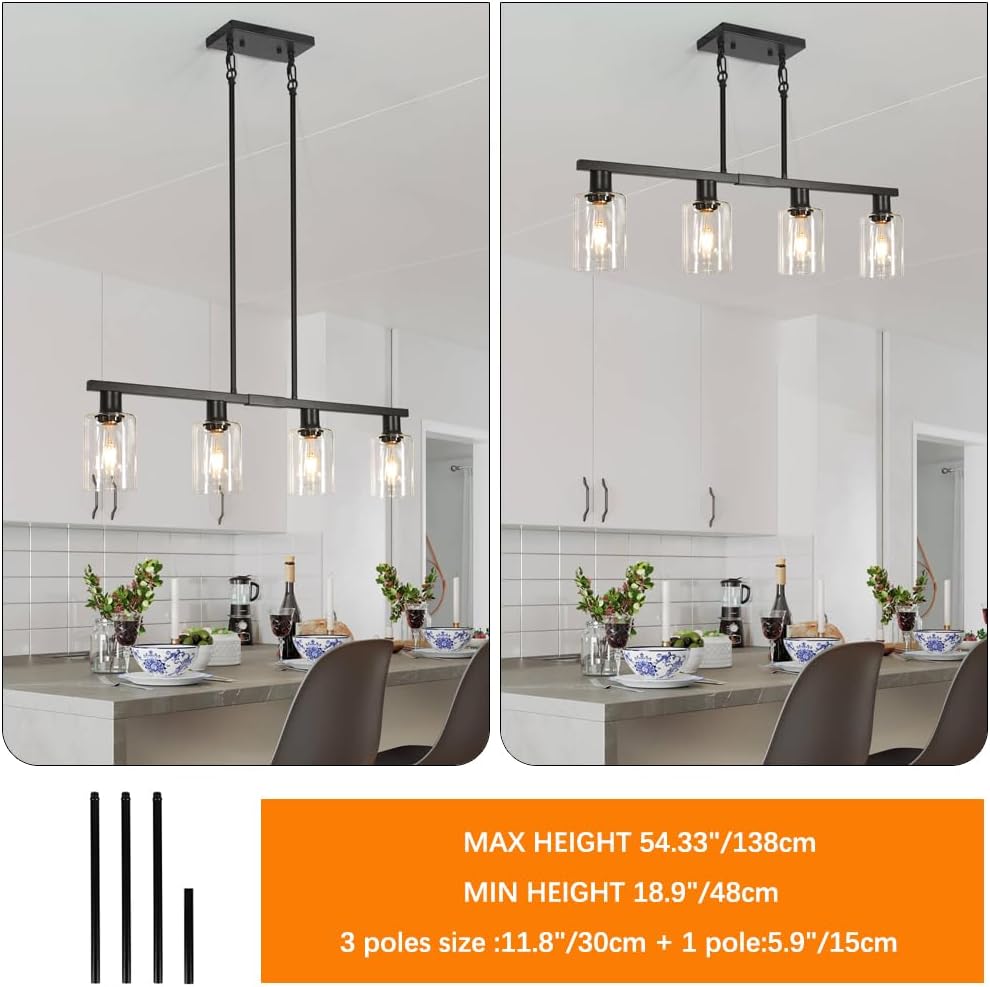 4-Light Kitchen Island Lighting, Black Simplicity Bar Island Lights for Kitchen, Farmhouse Chandelier with Adjustable