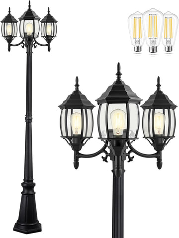 Outdoor Lamp Post Light 3-Head, Classic Black with Clear Glass Panels, E26 Base Maximum 100W (3 LED Bulbs Included)