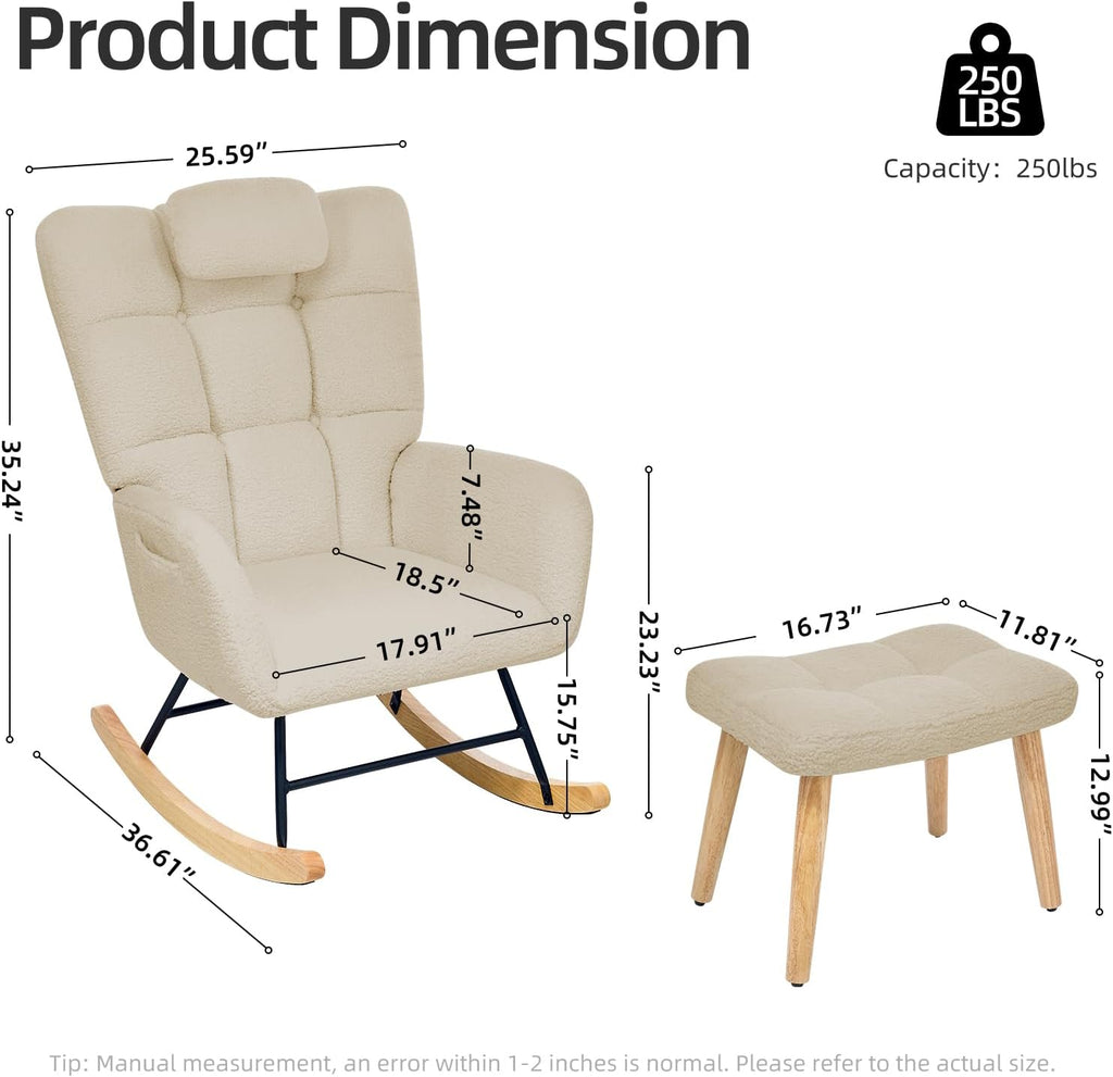 Nursery Rocking Chair with Ottoman, Teddy Upholstered Glider Rocking Chair with High Backrest, Armchair Reading Chair