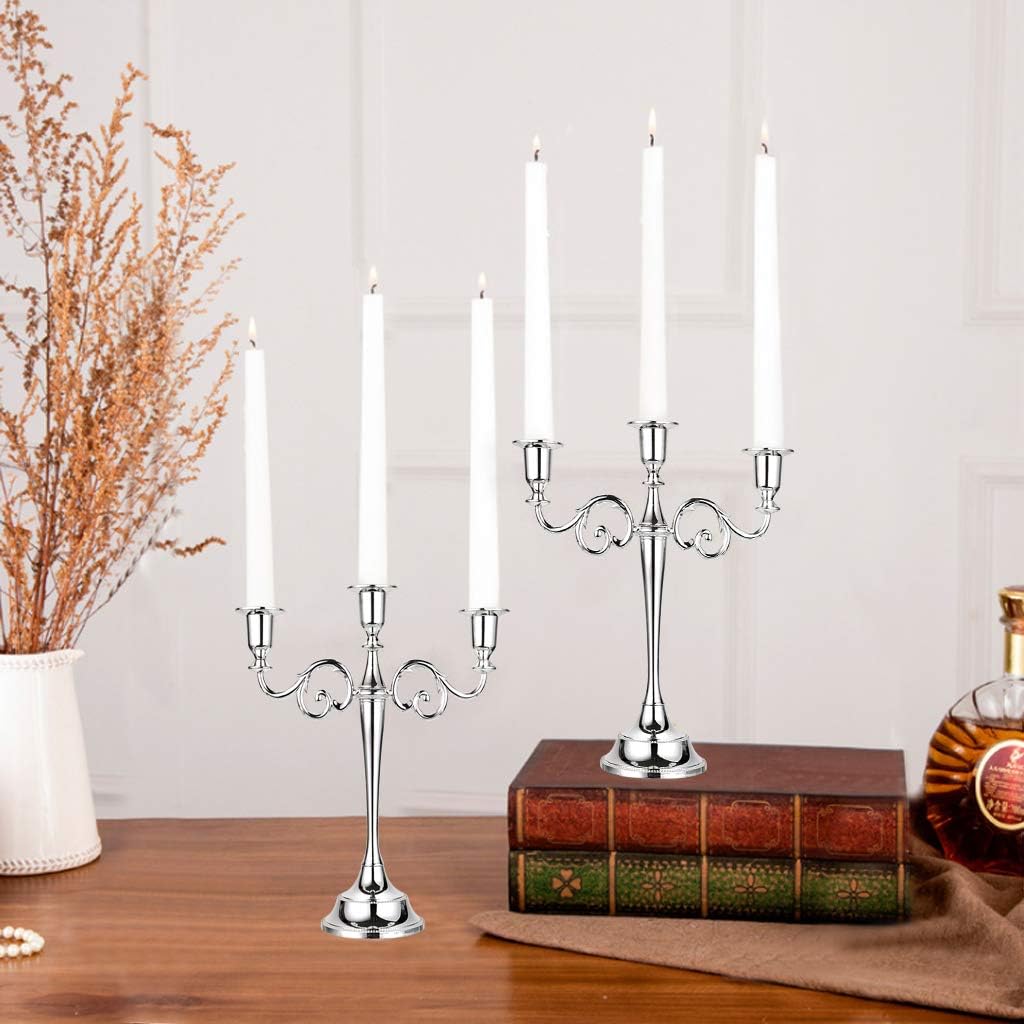 3 Arms Metal Candelabra Candlestick Silver European Elegant Candle Holder Candle StandHome Decoration (Silver Tone)