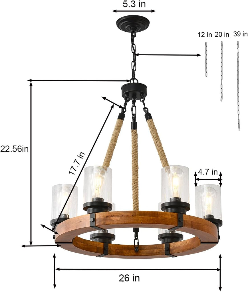 Inspired Camino Style Chandelier - 6 Light Wooden Wagon Wheel Chandelier with Seeded Glass Shade, Rustic Farmhouse Pendant for Dining Room, Kitchen and Entryway