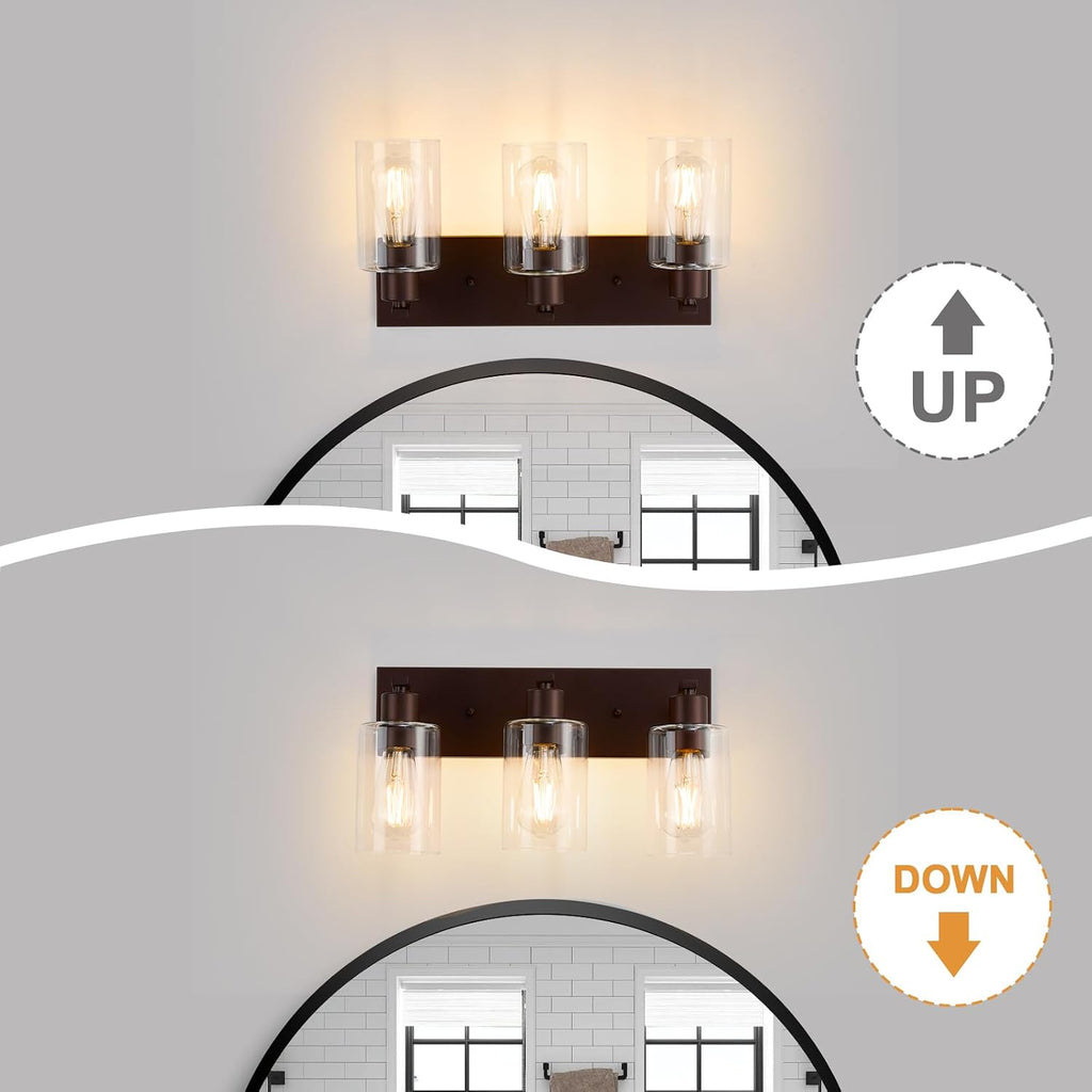 3 Lights Bathroom Light Fixtures Oil Rubbed Bronze Vanity Light with Clear Glass Shade 18in Modern Bathroom Lighting