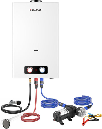 Tankless Water Heater Outdoor, 4.22 GPM Propane Water Heater with 3.3 GPM Water Pump Kit & Pipe Strainer