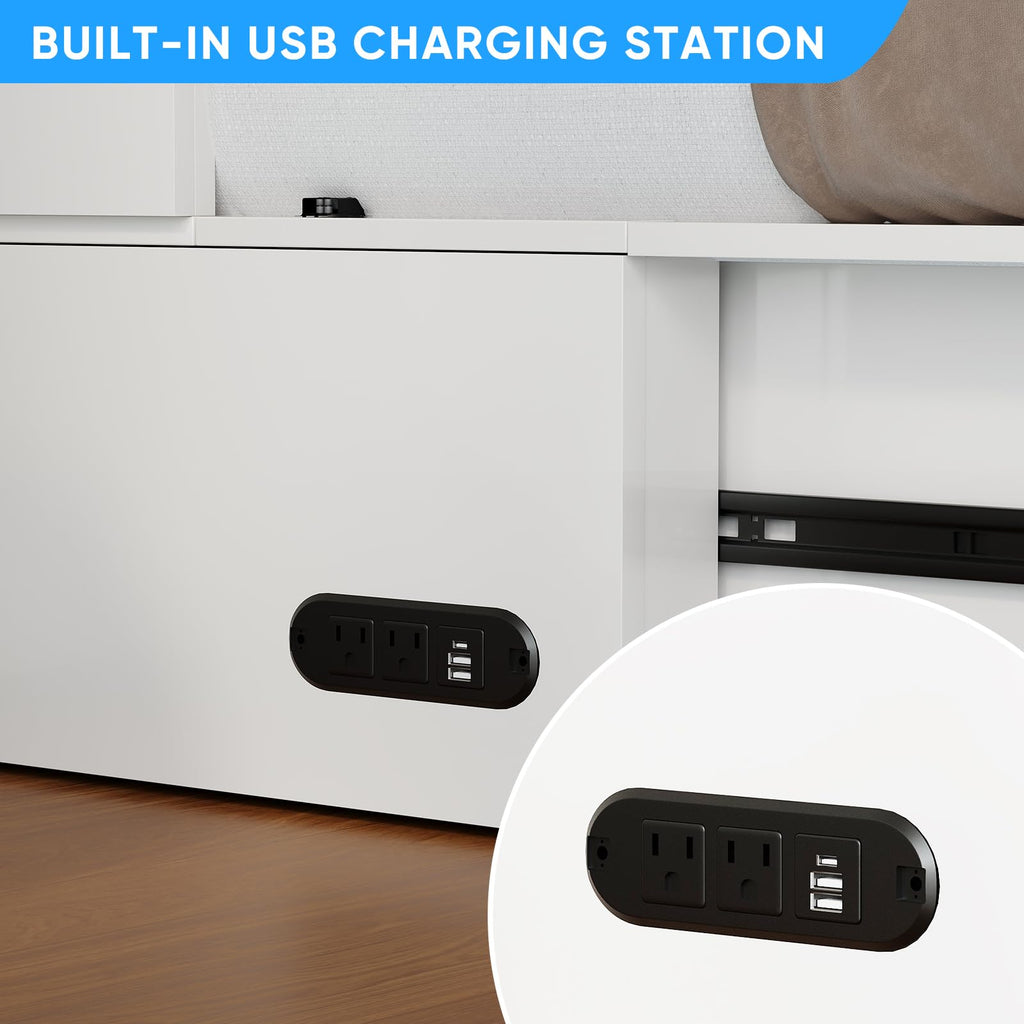 Murphy Bed Queen with Tri-Folding Mattress, X-Frame Cabinet Bed with Charging Station and Storage