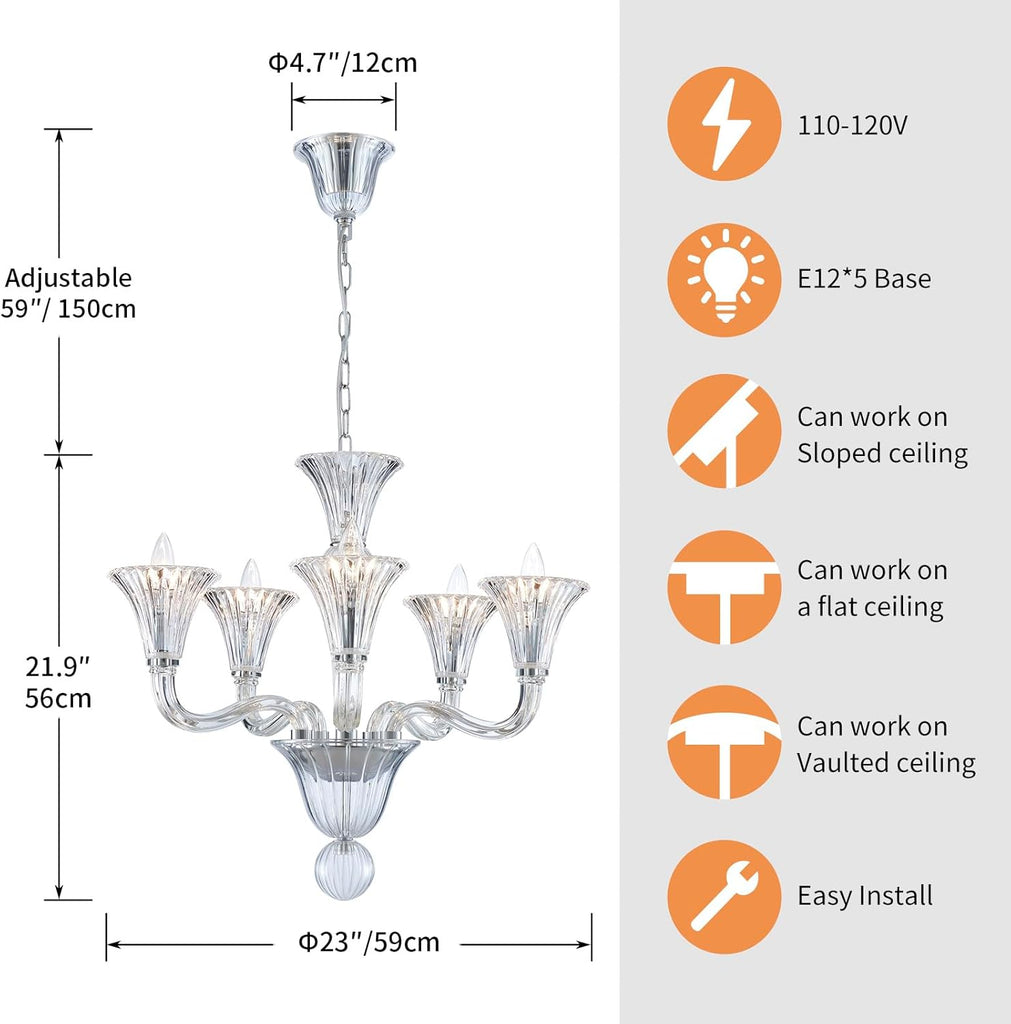 5 Light Crystal Chandelier, Modern Dining Room Light Fixture, Clear Crystal Pendant Light for Bathroom Bedroom Livingroom, D19xW19xH23, E12 Socket