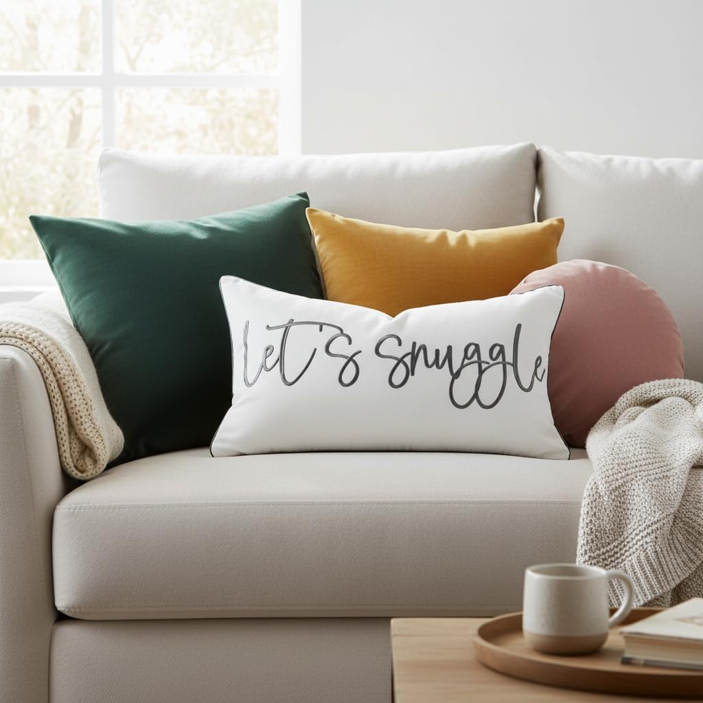 Let's Snuggle Decorative Lumbar Pillow Cover - 12x20 Inch White and Grey Cotton Embroidery Throw Pillowcase