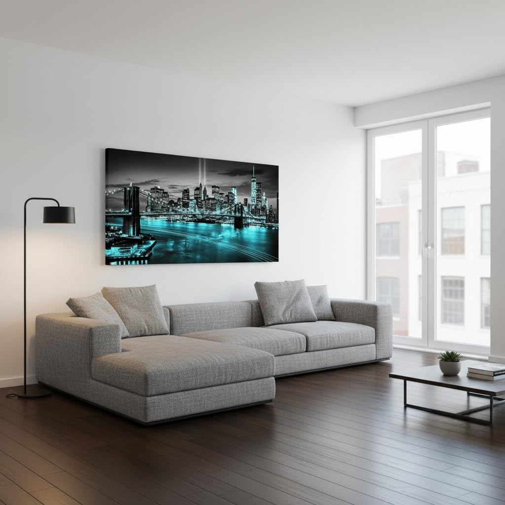 New York City Canvas Wall Art Black White Brooklyn Bridge Pictures Teal NYC Skyline Cityscape Artwork Bedroom Modern