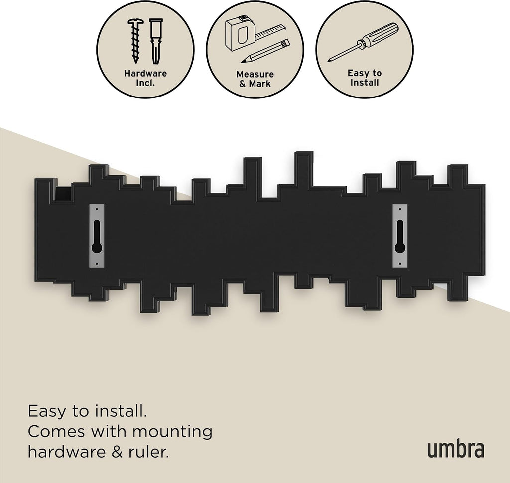 Sticks Wall-Mounted Coat Rack Rail Hook with 5 Retractable Pegs - Modern, Space-Saving Storage Organizer, Black