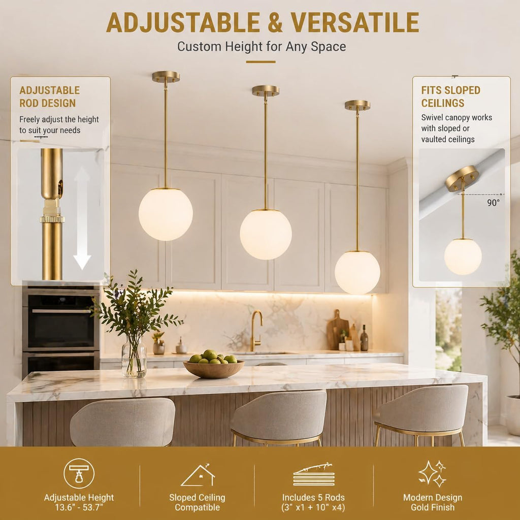 Mid Century Modern Pendant Light - 1-Light Gold Globe with White Glass Shade, Brushed Brass Finish, Adjustable Height