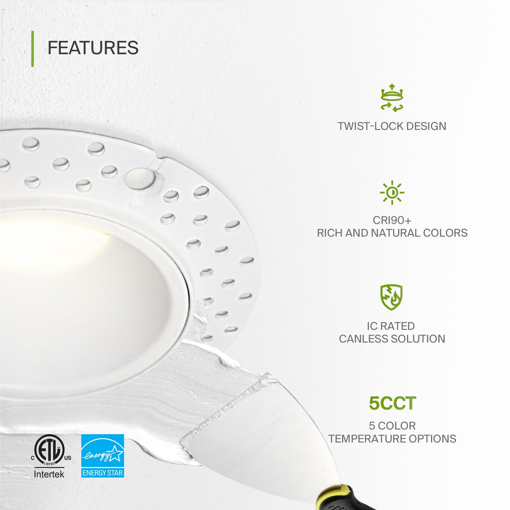 2 Inch Trimless LED Recessed Ceiling Light Fixture, Mud-in Canless Downlight with Junction Box, 5CCT 2700K-5000K, 8W