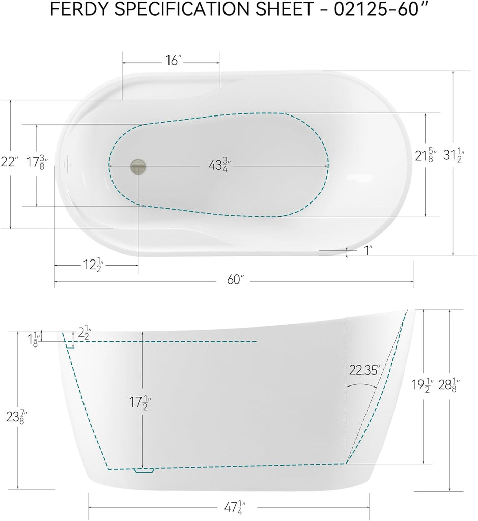 Lana'i 60" Freestanding Bathtub, Gracefully Shaped Freestanding Soaking tub, Glossy White, cUPC Certified, Brushed
