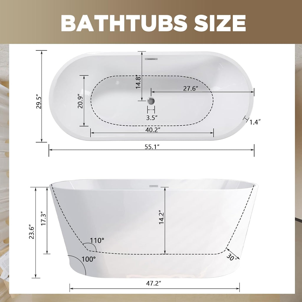 Zavdte 55" Freestanding Acrylic Bathtub, Gloss White Stand Alone Soaking Tub with Toe-tap Chrome Drain, Double-Wall