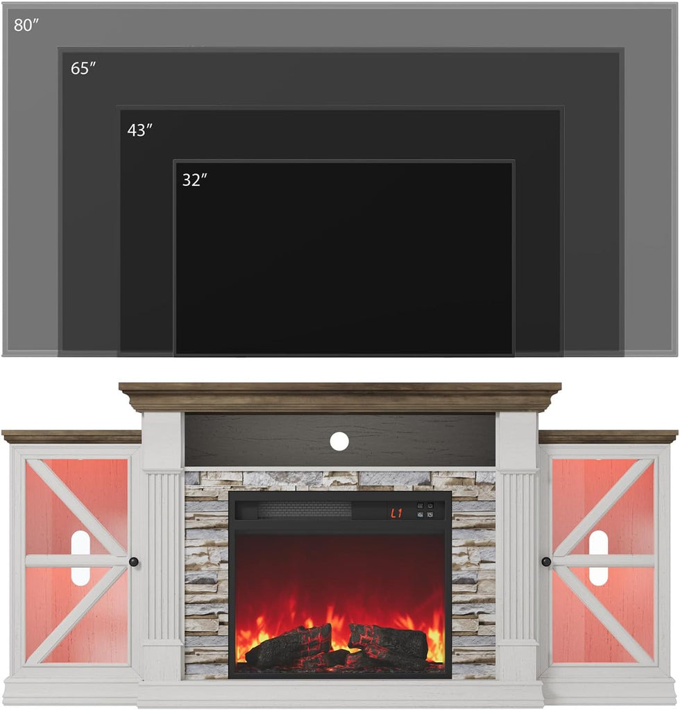 Electric Fireplace TV Stand, 70" Farmhouse Entertainment Center with Open Shelf and Glass Barn Door Cabniet, Modern