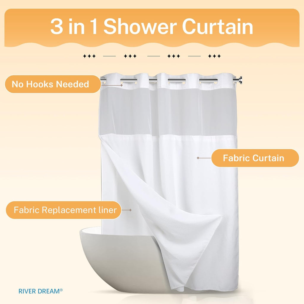 Heavyweight Waffle No Hook Shower Curtain with Liner,White,71x74 | Dotted Waffle,Snap-in Liner,Heavy