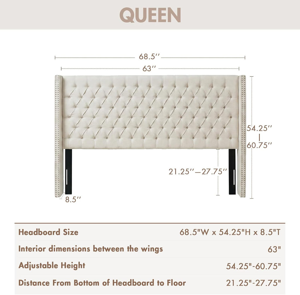 Upholstered Headboard | Nail Head Trim Wingback Button Tufted | Queen, Cream
