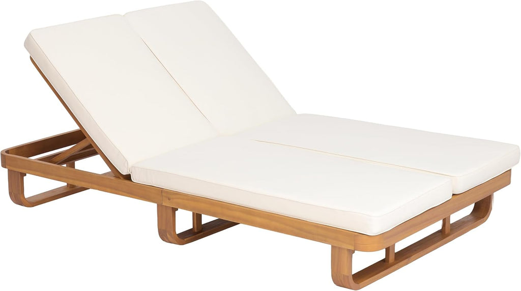 Double Acacia Wood Chaise Lounge with Dual Adjustable Backrests, Patio Outdoor Chaise Lounge with Cushions, Wooden