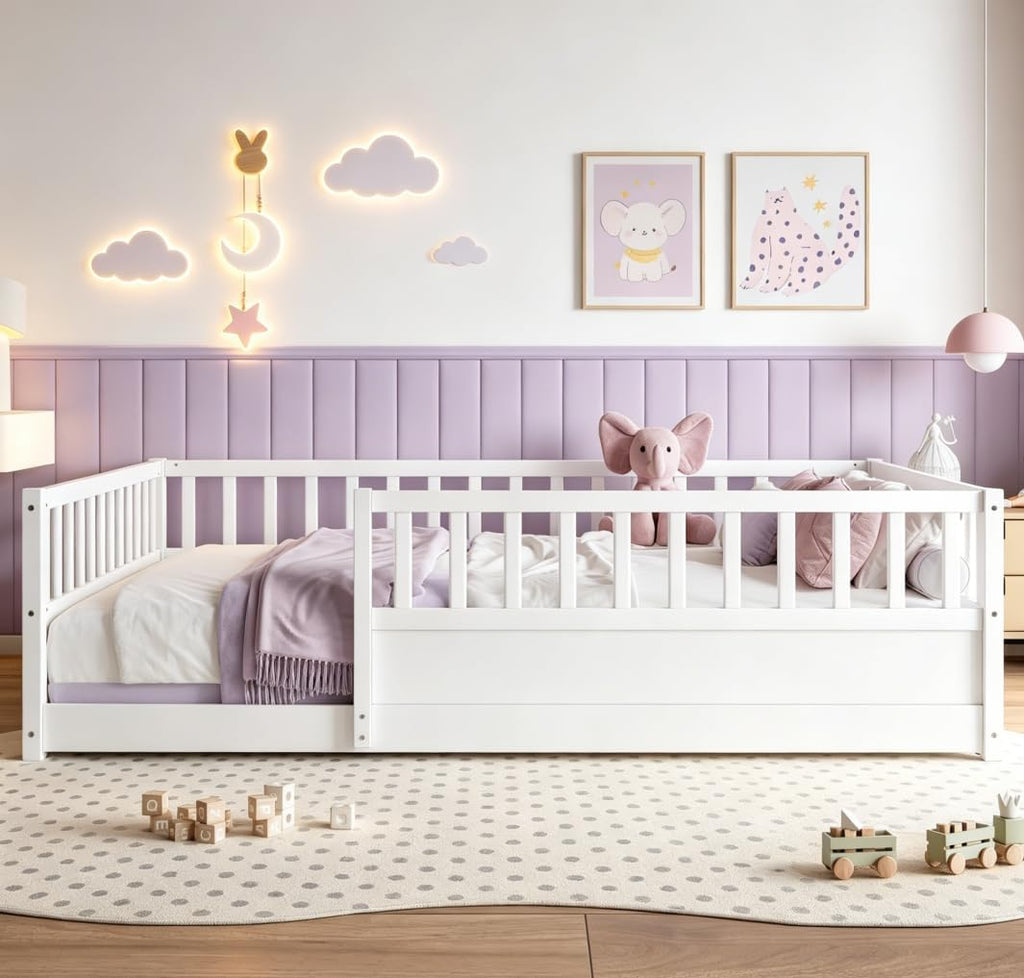 Full Size Floor Bed with high Fence, Solid Pine Wood Montessori Bed for Kids Girls Boys Floor Bed Frame, White with