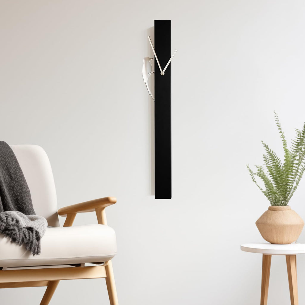 25" Modern Pendulum Wall Clock with Moving Woodpecker, Black