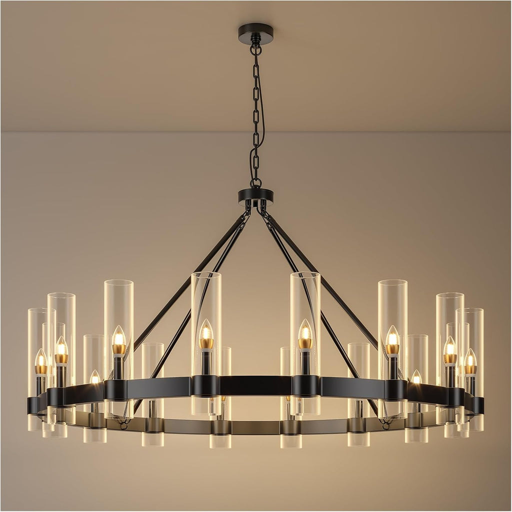 48 Inch Black Wagon Wheel Chandelier with Glass Shade, 16 Lights, Modern Farmhouse Style, Ideal for Dining Room, Kitchen, Entryways A115-B0CDXX86H1