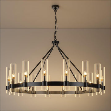 Inspired Ravelle Style 48 Inch Black Wagon Wheel Chandelier with Glass Shade, 16 Lights, Modern Farmhouse Style, Ideal for Dining Room, Kitchen, Entryways
