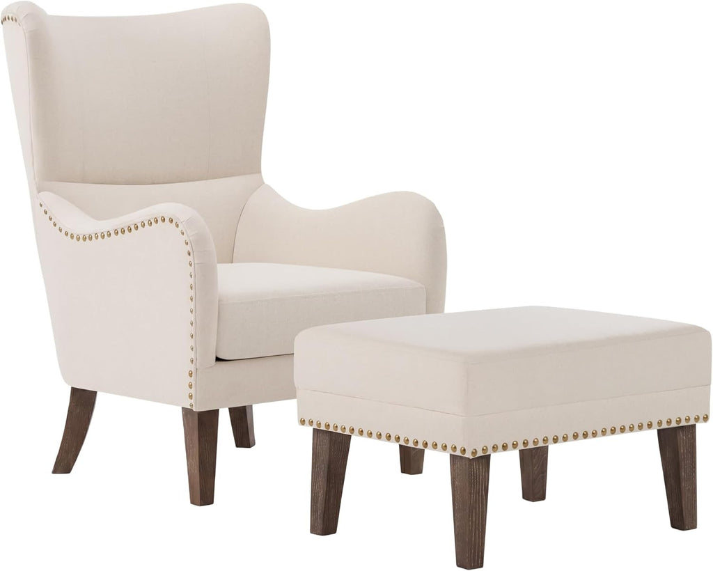 Wingback Accent Chair with Ottoman, Upholstered High Back Reading Armchair and Footrest Set, Nailhead Trim Lounge