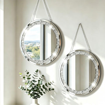 Crystal Crush Diamond Silver Mirror 2 Pack Diameter 12inch Round Shape with Iron Chain Real Glass Mirror for Wall