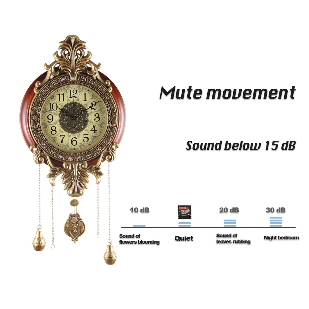 Large Wall Clock with Pendulum, Real Wood Retro Style, Battery Operated, Vintage Royal Decor Living Bedroom
