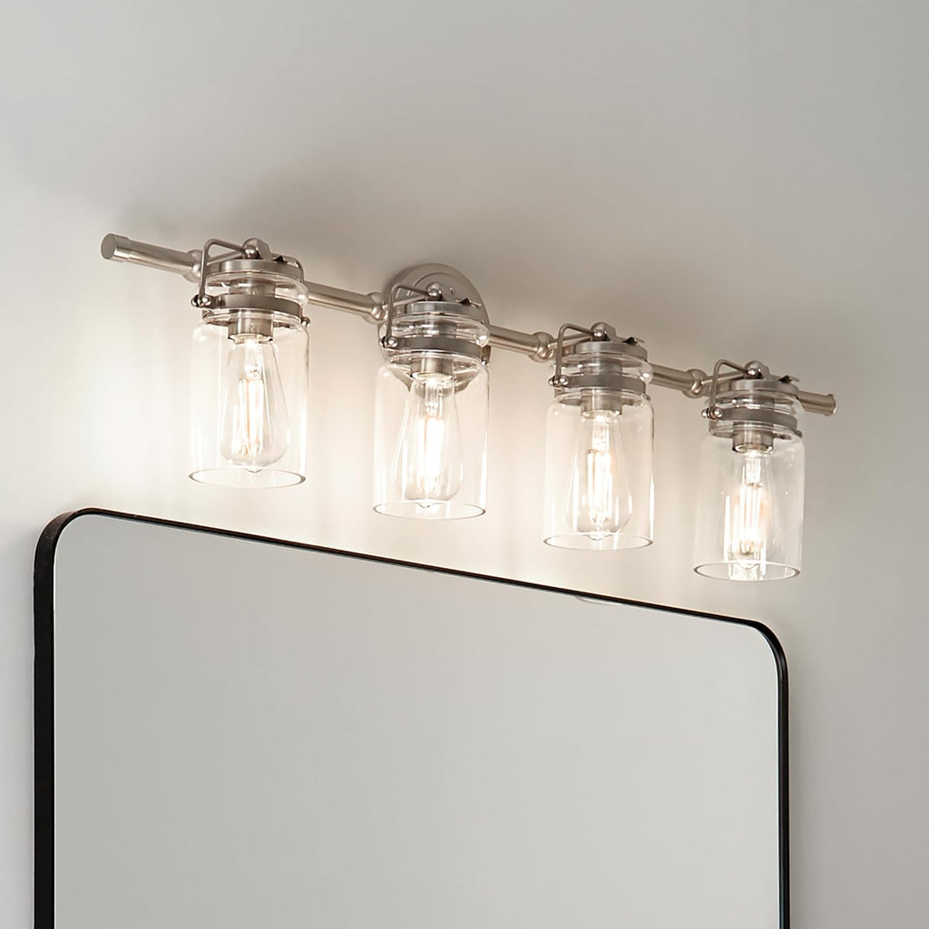 Brinley 32.25" Vanity Light in Brushed Nickel, 4-Light Farmhouse Bathroom Vanity Light with Clear Glass, (32.25" W x