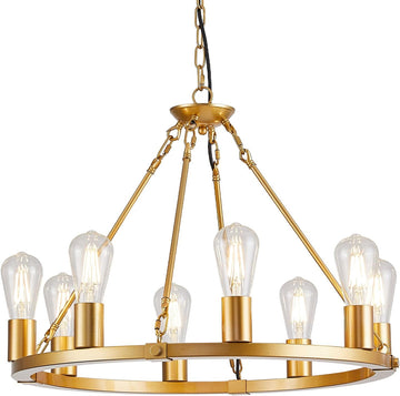 Inspired Camino Style Chandelier - Gold Wagon Wheel Chandelier, 8 Lights Dining Room Light Fixture,23.6" Golden Metal Kitchen Island Lighting Round Pendant Light Hanging Lamp for Foyer Living Room Entryway,Height Adjustable,E26