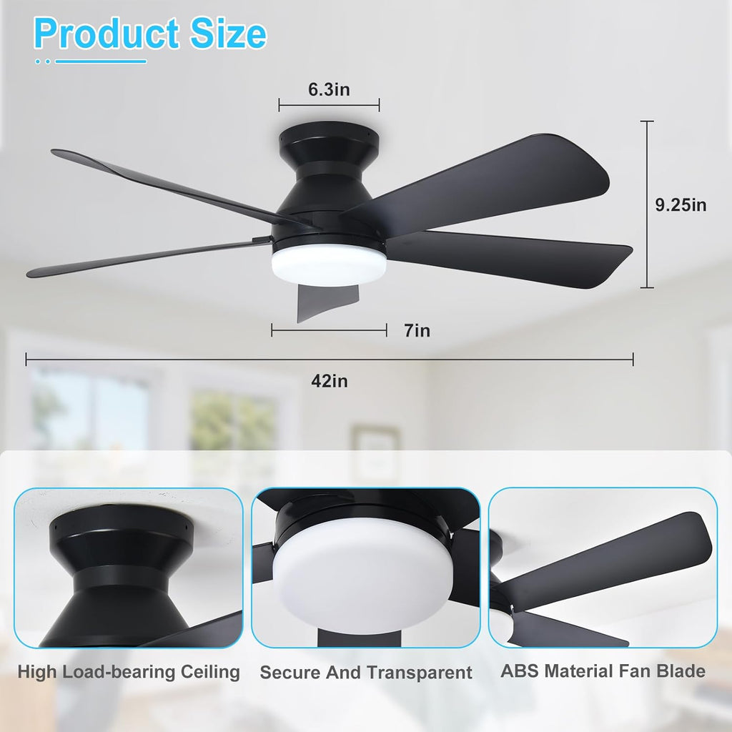 Modern Ceiling Fan with Light: 42-Inch Black Small Fans - Dimmable Low Profile Ceiling Fans with Remote Control Flush
