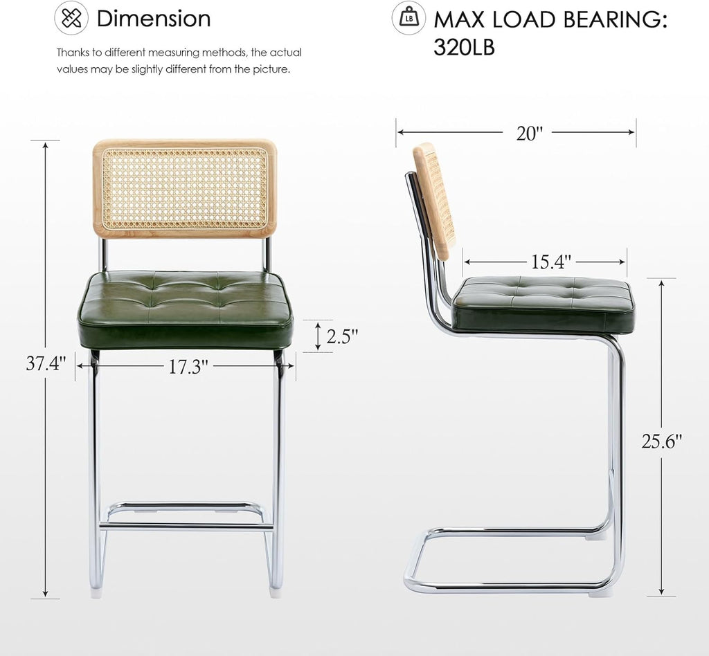 Natural Rattan Bar Stools Set of 2, Modern Counter Height Stools with Solid Wood Back, 26'' Counter Height Chairs
