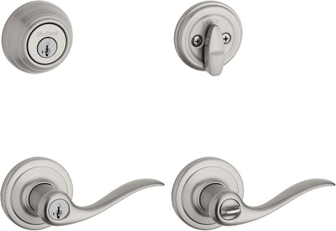 991 Tustin Entry Lever and Single Cylinder Deadbolt Combo Pack featuring SmartKey in Satin Nickel - Door Lever