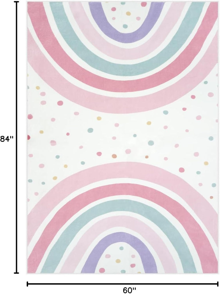 5x7 Washable Rainbow Rug for Girls Bedroom, Soft Polka Dot Pink Rug for Girls Room Nursery, Non-Slip Large Kids