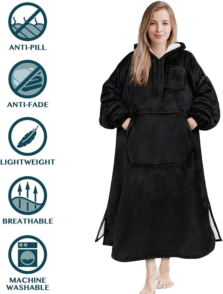 Blanket Hoodie for Women Black, Sherpa Wearable Blanket Men, Cozy Oversized Sweatshirt Blanket, Warm Fleece Hooded