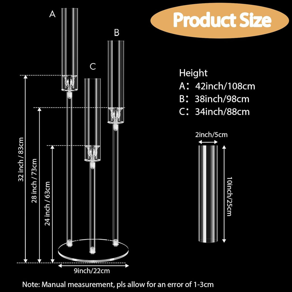 6 Set 3 Arms Acrylic Candelabras with Shades, 42" Floor Candelabra Centerpieces,Clear Candle Holder for Table