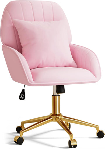 Pink Velvet Desk Chair with Pillow, Upholstered Home Office Desk Chair Makeup Vanity Chair with Swivel Wheels