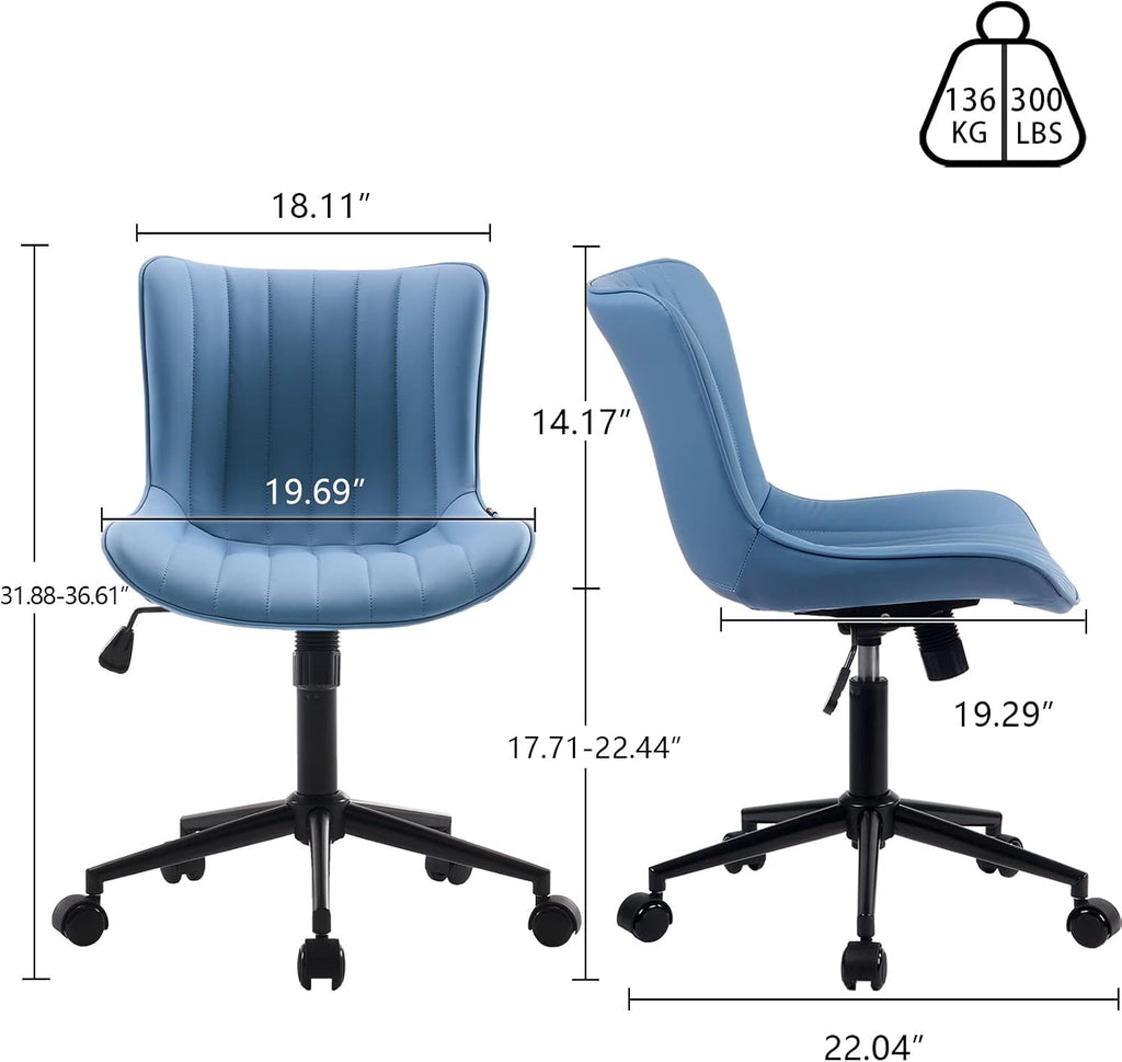 Blue Office Desk Chair with Wheels Comfy Armless Vanity Chair with Back Modern Small Faux Leather Upholstered Rolling