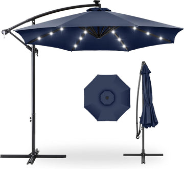 10ft Solar LED Offset Cantilever Hanging Market Patio Umbrella, 8 Sturdy Ribs, Easy Adjustment - Navy Blue