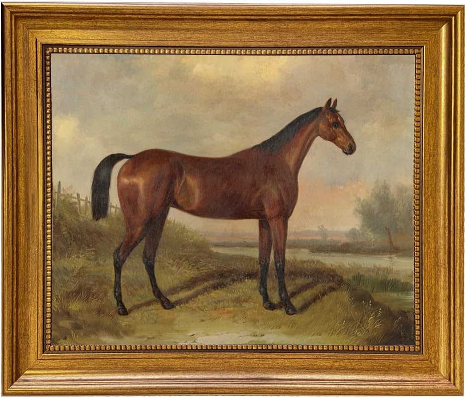 William Barraud Hunter in Landscape Oil Painting Print on Canvas in Antiqued Gold Frame, Equestrian Horse Ready To
